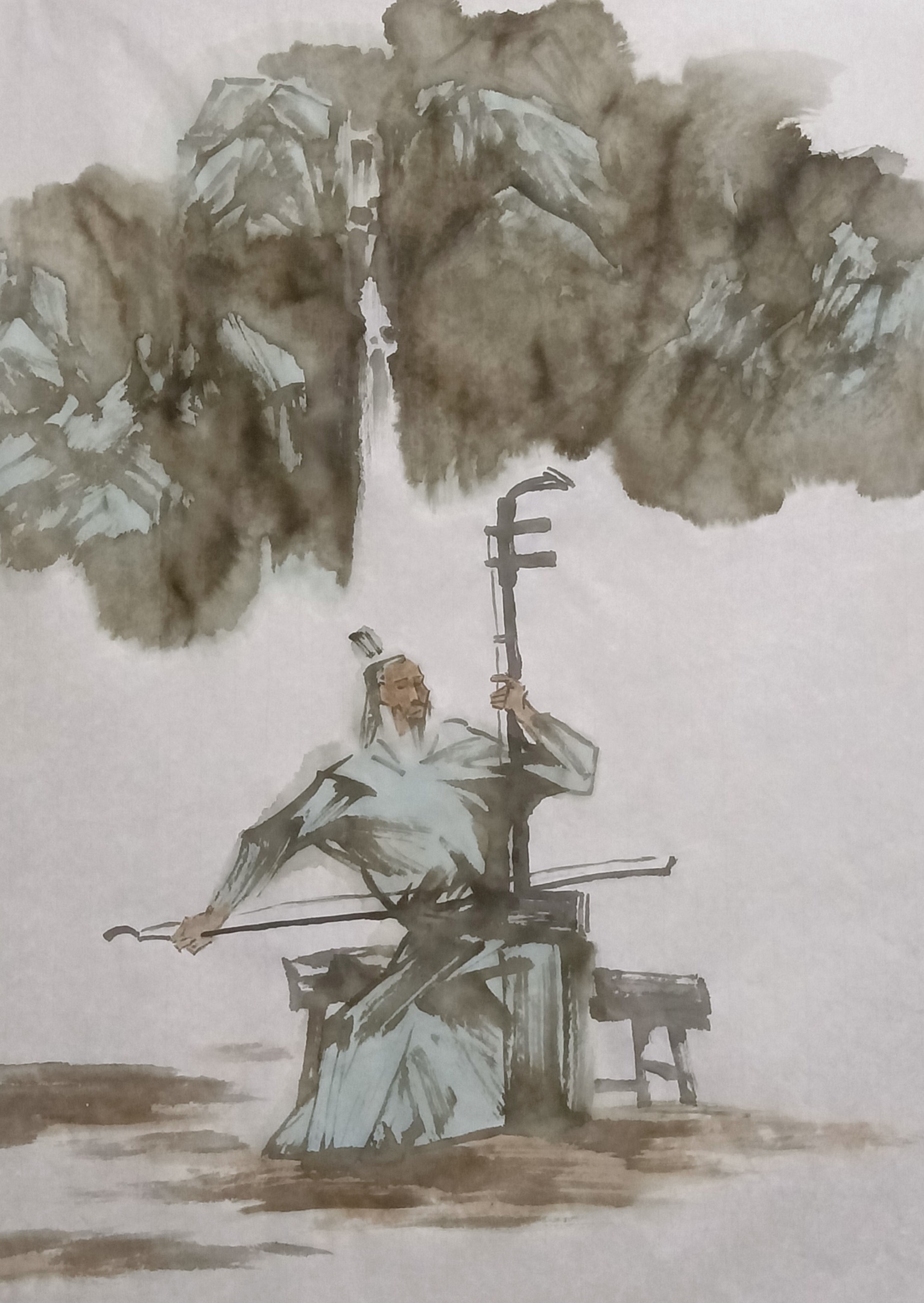 下面这幅依山而坐拉二胡的画作,我们姐俩分别创作了两首小诗,不同的人