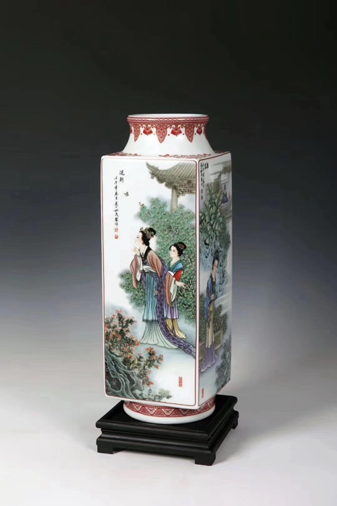 张松茂大师创作西厢记粉彩四方尊景德镇瓷器瓷瓶