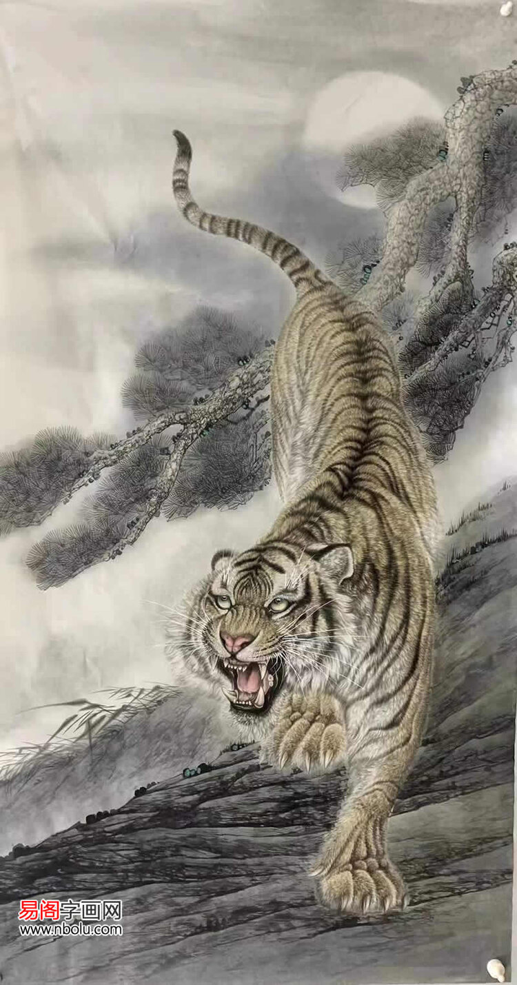 王建辉老师工笔走兽,主攻画虎,他的这幅虎头画作品《雄风》,画中用