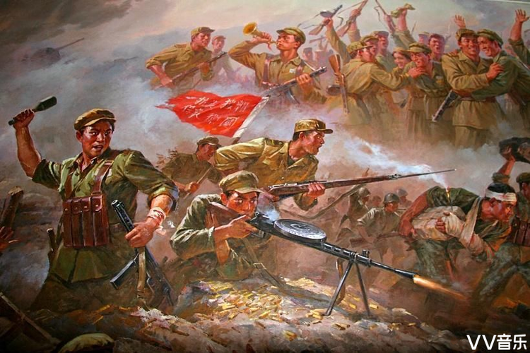 "烽烟滚滚唱英雄,四面青山侧耳听,侧耳听,晴天响雷敲金鼓,大海扬波作